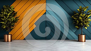 Two potted plants in front of a blue and orange wall