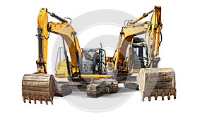 Two powerful crawler excavators isolated on white background. Powerful excavator with an extended bucket close-up. Construction