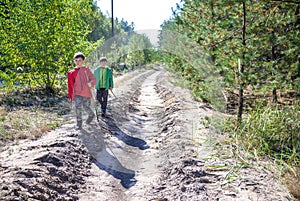 Two preschool children exploring forest, in autumn clothing, pla