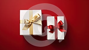 two presents tied with red ribbon against a bright red background