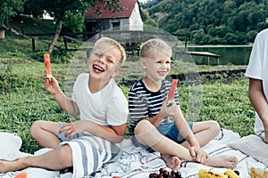 Two preteen boys laugh with joy at the picnic.