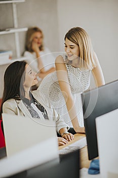 Two pretty Caucasian businesswomen working together at desk