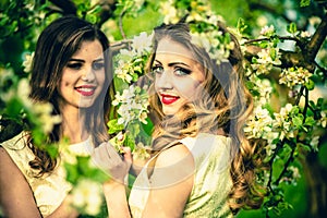 Two pretty girls in the garden under the blossom tree