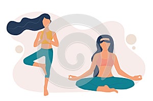 Two pretty girls practices yoga in different positions. Harmony and healthy life. Stock vector illustration