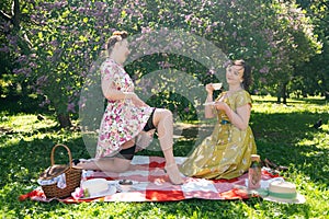 Two pretty pin up ladies having nice picnic in the city park in a sunny day together. girls friends enjoy hot summer weather. beau