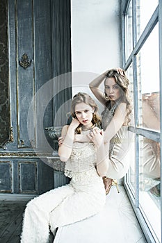 Two pretty twin sister blond curly hairstyle girl in luxury house interior together, rich young people concept