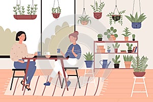 Two pretty women drink tea in eco cafe flat character vector illustration concept