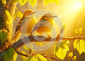 Two Pretty Yellow Wilson\'s Warblers Perched Tree Branch Springtime Morning Sunrise Small Birds AI Generated