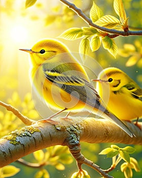 Two Pretty Yellow Wilson\'s Warblers Perched Tree Branch Springtime Morning Sunrise Small Birds AI Generated