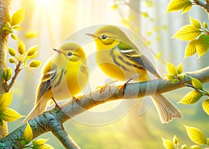 Two Pretty Yellow Wilson\'s Warblers Perched Tree Branch Springtime Morning Sunrise Small Birds AI Generated