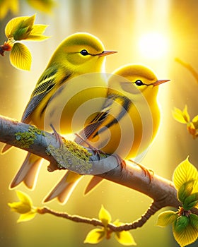 Two Pretty Yellow Wilson\'s Warblers Perched Tree Branch Springtime Morning Sunrise Small Birds AI Generated