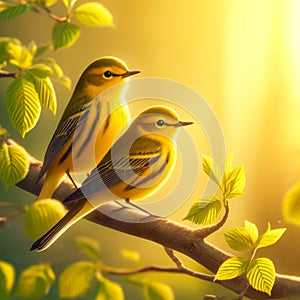 Two Pretty Yellow Wilson\'s Warblers Perched Tree Branch Springtime Morning Sunrise Small Birds AI Generated