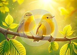 Two Pretty Yellow Wilson\'s Warblers Perched Tree Branch Springtime Morning Sunrise Small Birds AI Generated