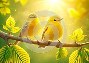 Two Pretty Yellow Wilson\'s Warblers Perched Tree Branch Springtime Morning Sunrise Small Birds AI Generated photo
