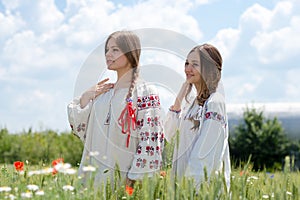 Two pretty young happy women in traditional ukrainian dress in wheat field