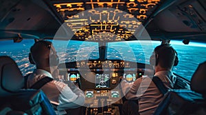 Two professional aviators sitting in cockpit during flight photo