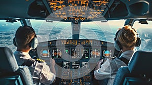 Two professional aviators sitting in cockpit during flight photo