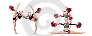 Two professional cheerleaders with pompoms posing at studio, girl doing acrobatic and flexible tricks. Vertical split. Isolated
