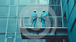 Two professional cleaners standing on aerial work platform and washing glass facade of modern commercial building