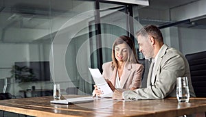 Two professional executives discussing financial documents in office. Copy space