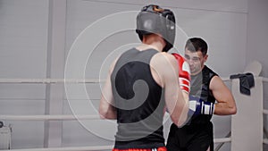 Two professional male boxers sparring on ring