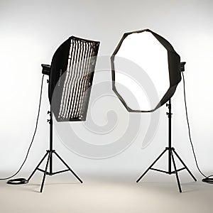Two studio lighting softboxes on tripods in a white room white background