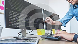 Two professional programmers cooperating at Developing programming and website working in a software develop company office, writ