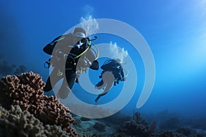 Two professional technical scuba free diver wetsuit swimming moves exploring analysis research underwater coral reef