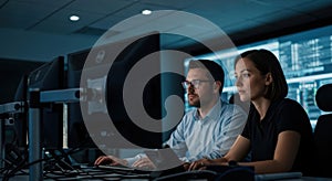Two professionals analyzing data on computer screens in a modern control room environment