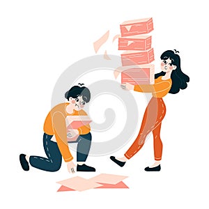 Two professionals balancing a precarious pile of paperwork, depicting the daily challenge of office tasks