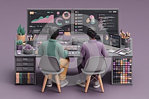 Two professionals collaborating at a modern workstation with data and graphs displayed