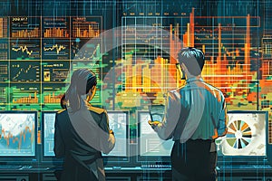 Two professionals are depicted in deep analysis in front of a high-tech data visualization screen