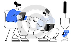 Colleagues Collaborating on Digital Project With Laptops and Tablets in a Creative Workspace