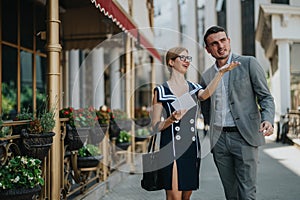 Two colleagues discussing business while walking in an urban city environment