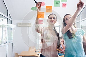 Two proficient female co-workers posting sticky notes in the int