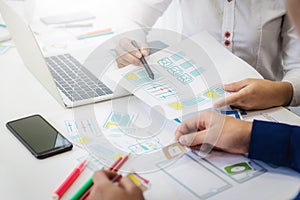 Two programmer discussing new project for developing technologies application design of mobile phone. First process for sketch