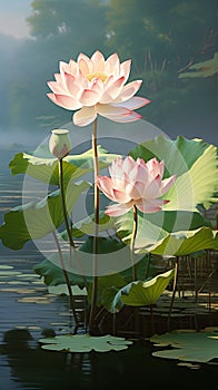 Two prominent lotus flowers rise above the water, with a soft-focus background featuring additional lotuses and broad green leaves