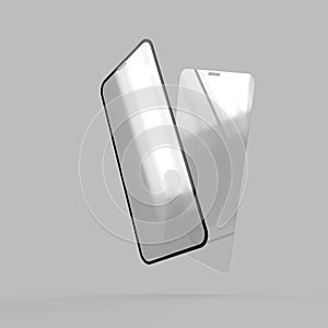 Two protective tempered glass for smartphone display on a gray background.