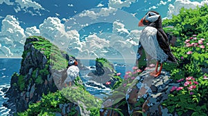 Serene Puffins on Coastal Cliffs, Ocean View