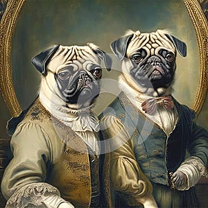 Two pugs in 19th century clothes
