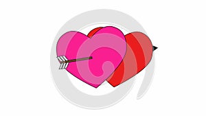 Two pulsating hearts are pierced by an arrow. valentines day background. footage