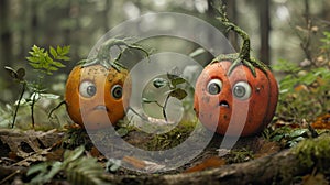 Two pumpkins with faces are sitting in a forest, AI