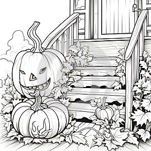 Two pumpkins and leaves on the wooden staircase leading to the house, Halloween black and white picture coloring book