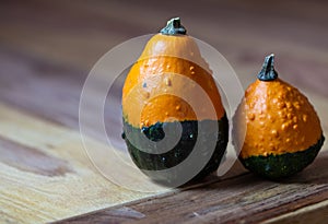 Two Pumpkins, Orange and Green, different seizures, on a Table, like two Friends photo