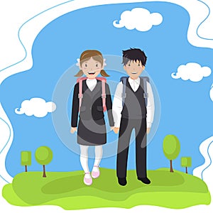 Two pupils with backpack go to school holding hands.