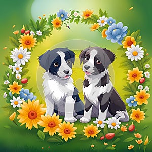Two puppies and beautiful flowers.