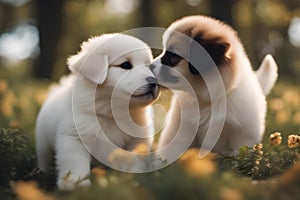 Two puppies of breed Samoyed in the summer in the park