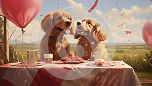 two puppies, chase heart-shaped balloons on a sunlit day love concept