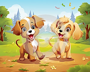 Two puppies dancing in nature are rendered in the style of animated cartoons.