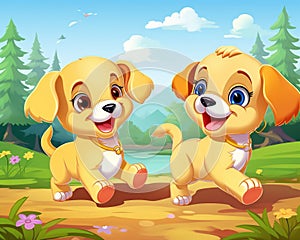 Two puppies dancing in nature are rendered in the style of animated cartoons.